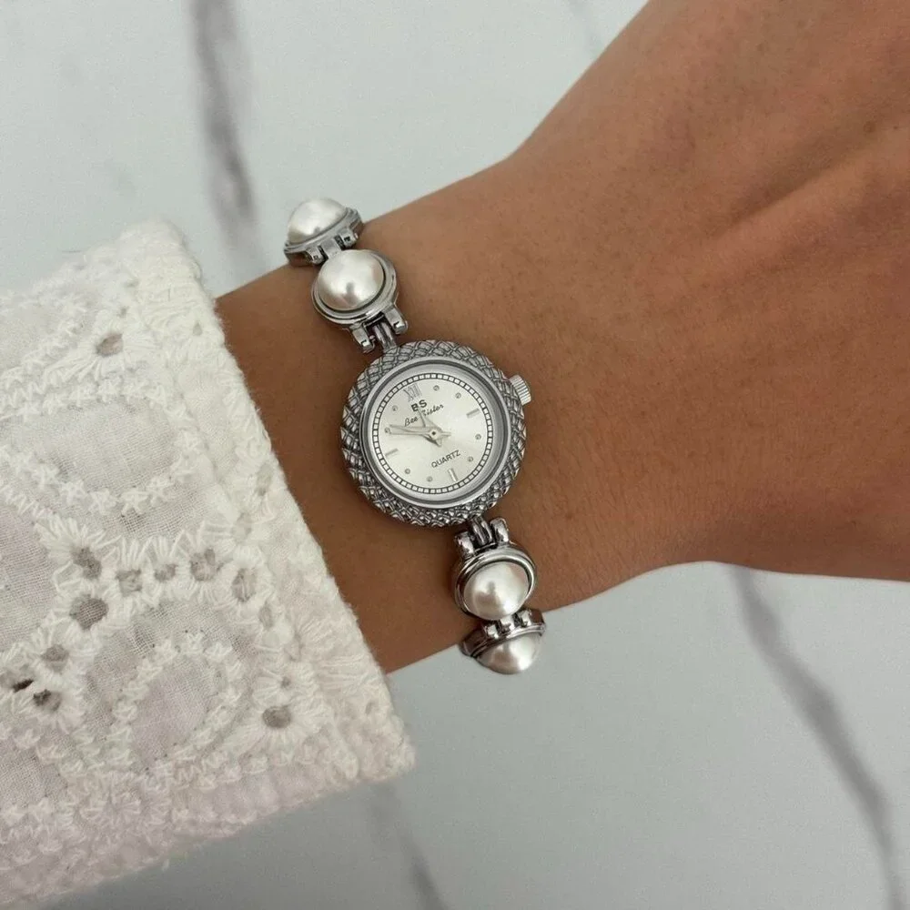 SKU:0121 cute vintage style silver mini watch bracelet with white‎ pearls